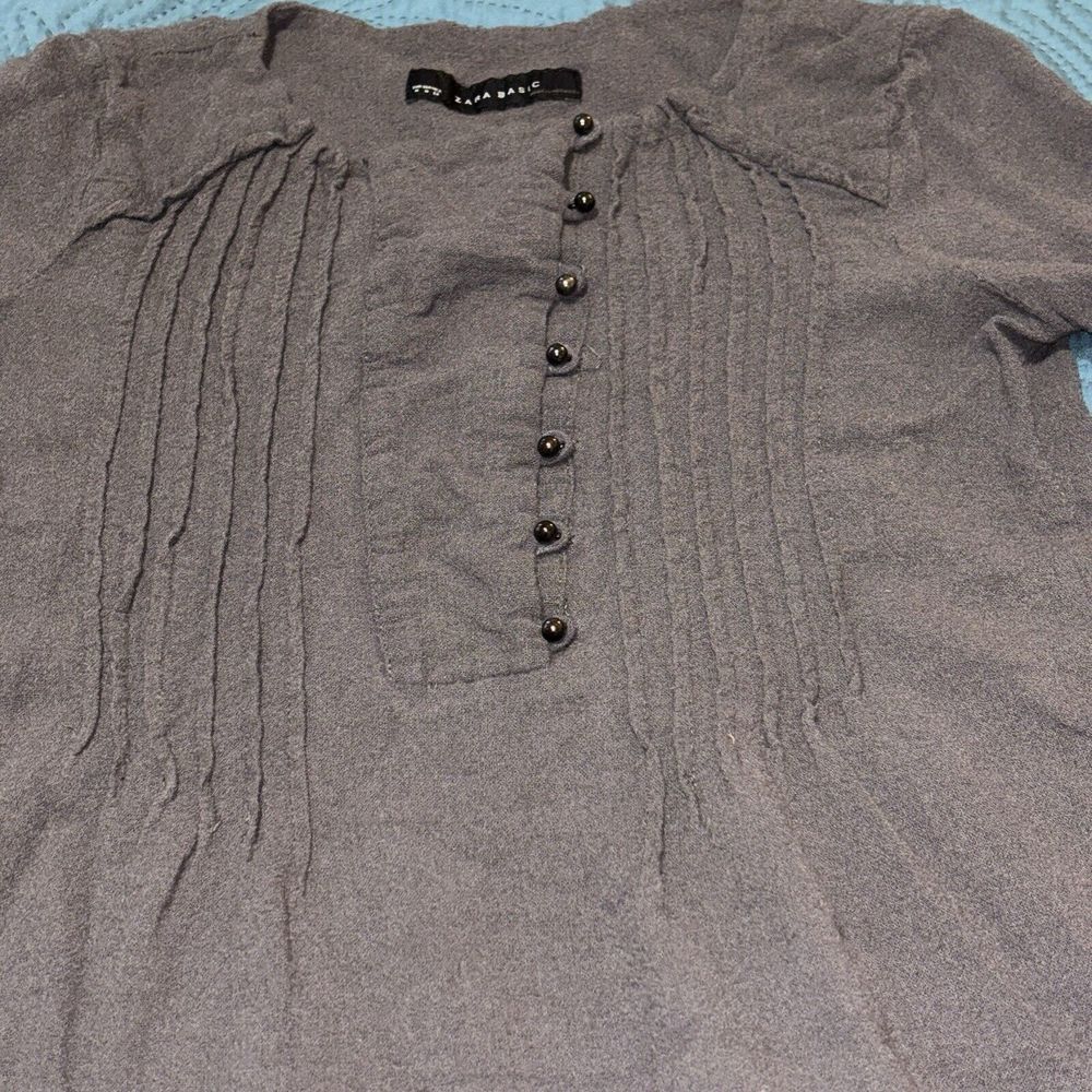 Zara Drop Waist Mini Dress Pleated Henley Top Small Brown Gauze Neutral Minimal - Picture 2 of 12
